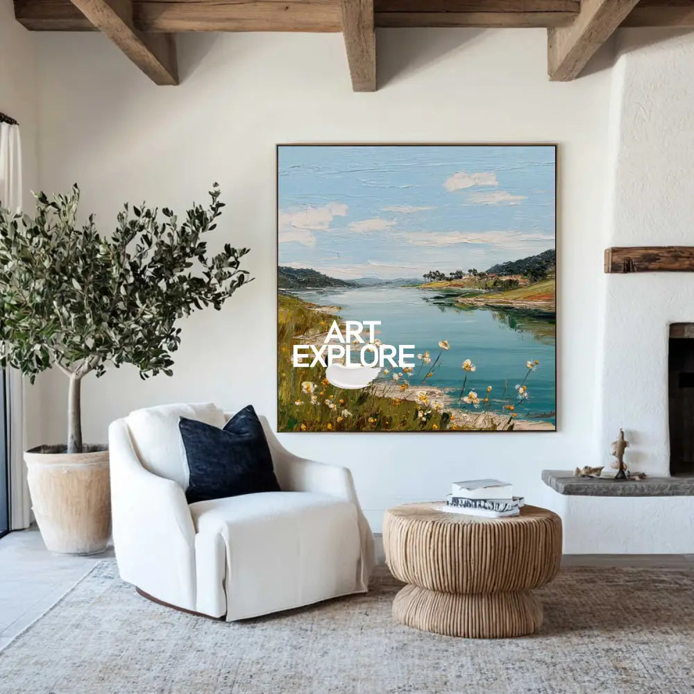 Large Blue Lake View Oil Painting Blue Lake Textured Art  Blue Abstract Landscape Wall Art For Sale