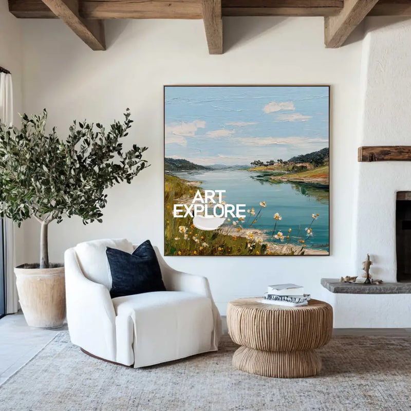 Large Blue Lake View Oil Painting Blue Lake Textured Art  Blue Abstract Landscape Wall Art For Sale