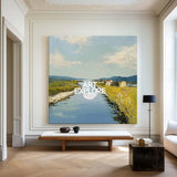 Blue Rural Lake Scenery Oil Painting Large Blue Lake Textured Abstract Landscape Wall Art For Sale