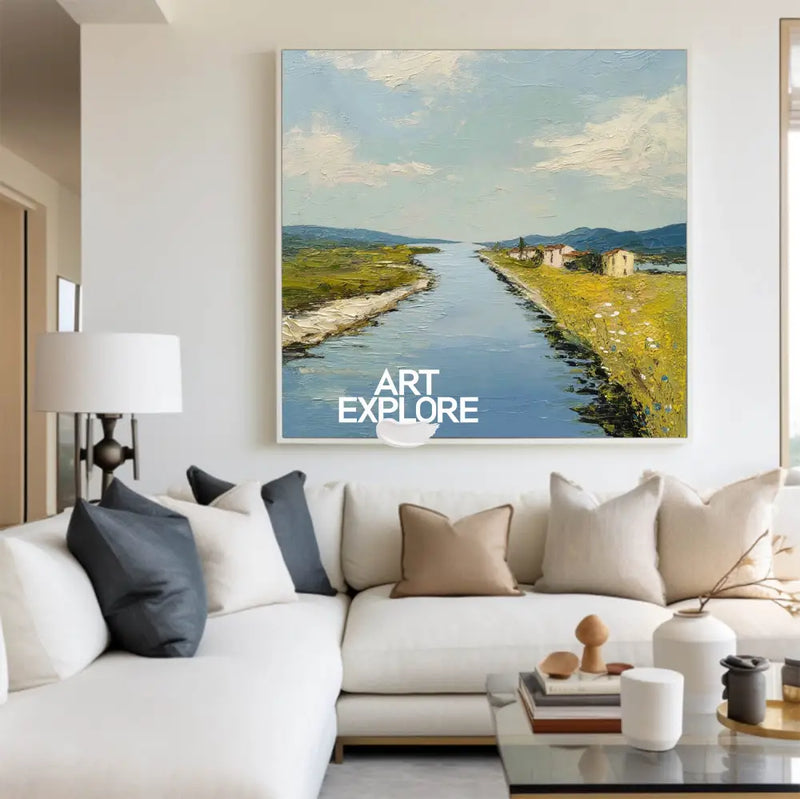 Blue Rural Lake Scenery Oil Painting Large Blue Lake Textured Abstract Landscape Wall Art For Sale