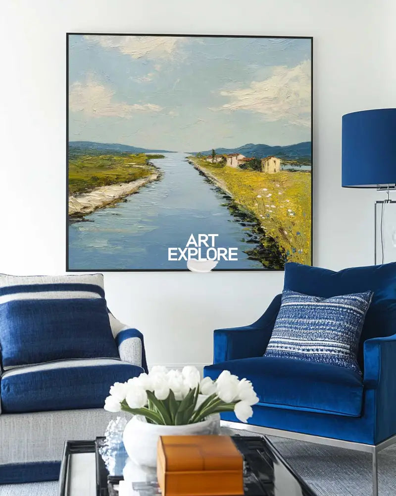 Blue Rural Lake Scenery Oil Painting Large Blue Lake Textured Abstract Landscape Wall Art For Sale