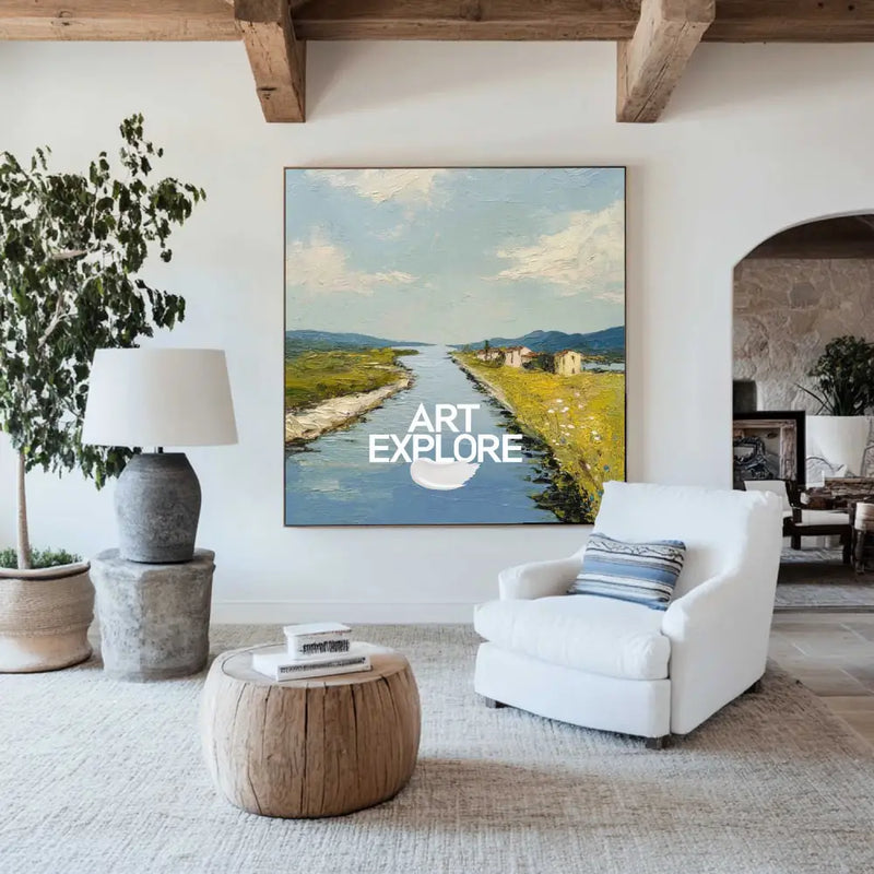 Blue Rural Lake Scenery Oil Painting Large Blue Lake Textured Abstract Landscape Wall Art For Sale