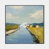 Blue Rural Lake Scenery Oil Painting Large Blue Lake Textured Abstract Landscape Wall Art For Sale