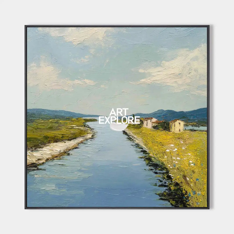 Blue Rural Lake Scenery Oil Painting Large Blue Lake Textured Abstract Landscape Wall Art For Sale