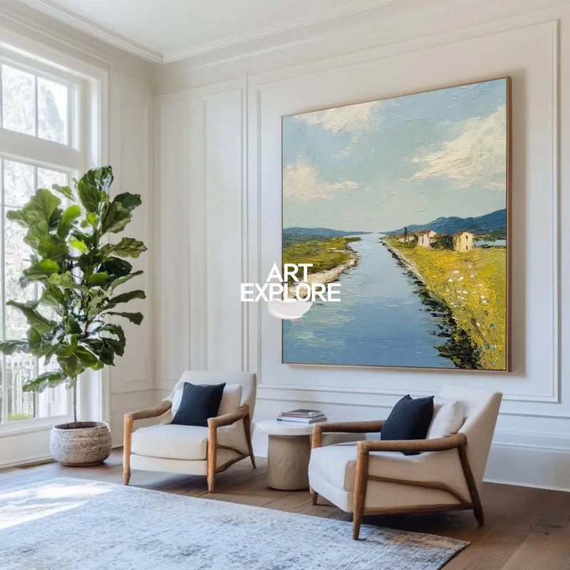 Blue Rural Lake Scenery Oil Painting Large Blue Lake Textured Abstract Landscape Wall Art For Sale