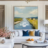 Blue Rural Lake Scenery Oil Painting Large Blue Lake Textured Abstract Landscape Wall Art For Sale