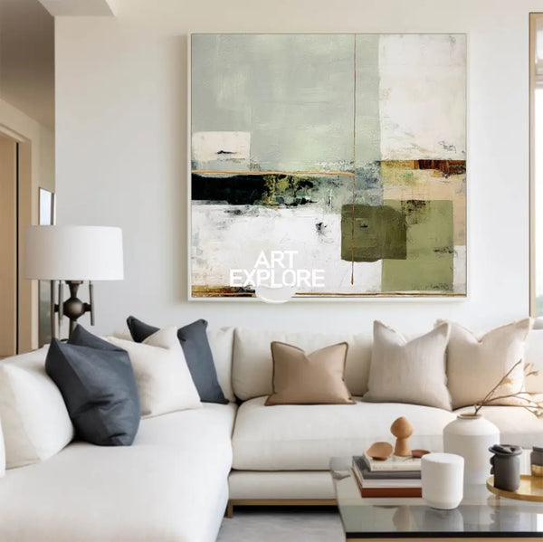 Wabi-sabi Green Painting Sage Textured Artwork Large Handcrafted Abstract Canvas Art  For Livingroom