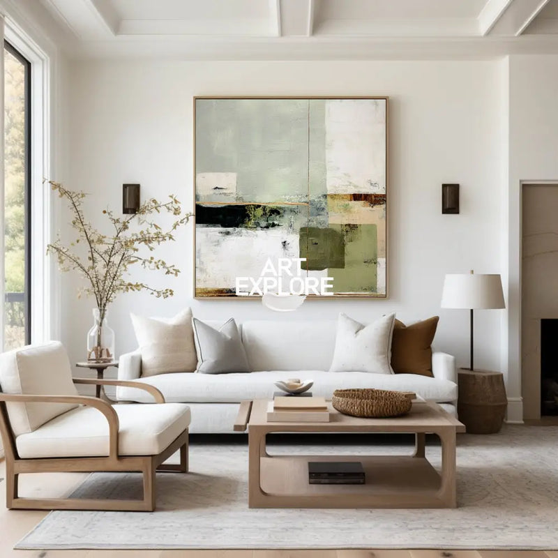 Wabi-sabi Green Painting Sage Textured Artwork Large Handcrafted Abstract Canvas Art  For Livingroom