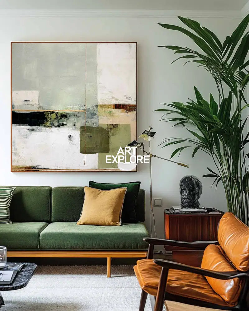 Wabi-sabi Green Painting Sage Textured Artwork Large Handcrafted Abstract Canvas Art  For Livingroom