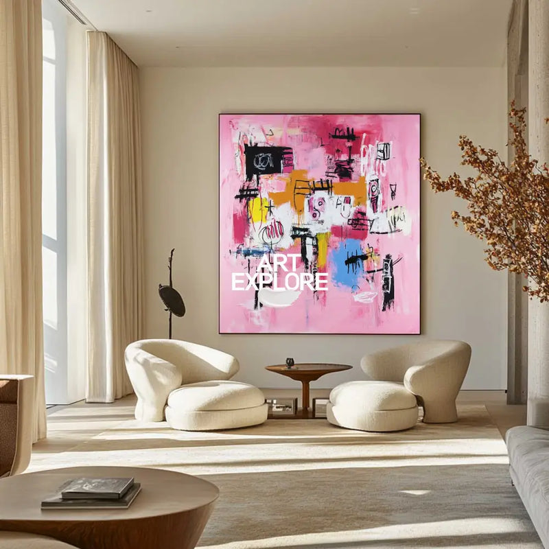 Large Pink Graffiti Painting Basquiat Painting ArtExplore Modern Abstract Graffiti Wall Art For Door Way