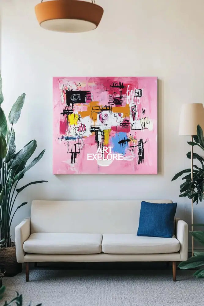 Large Pink Graffiti Painting Basquiat Painting ArtExplore Modern Abstract Graffiti Wall Art For Entry Way