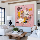 Large Pink Abstract Graffiti Wall Art, Thick Textured Pink Canvas Painting for Livingroom