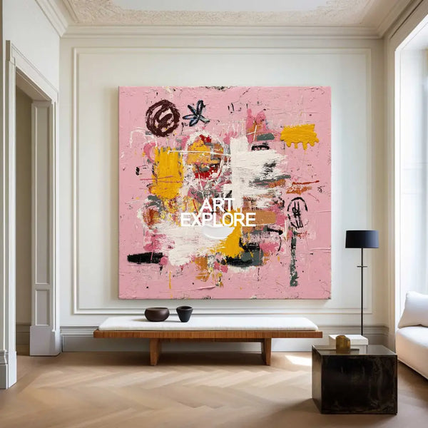 Large Pink Abstract Graffiti Wall Art, Thick Textured Pink Canvas Painting for Bold Home Decor