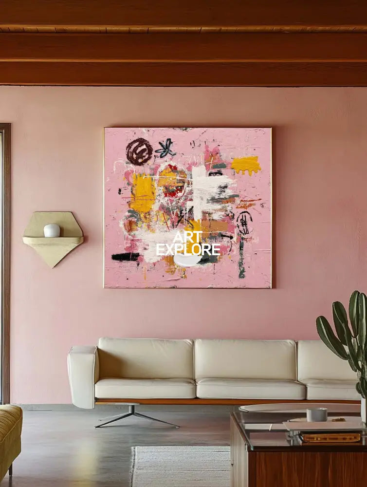 Large Pink Abstract Graffiti Wall Art, Thick Textured Pink Canvas Painting for Lounge