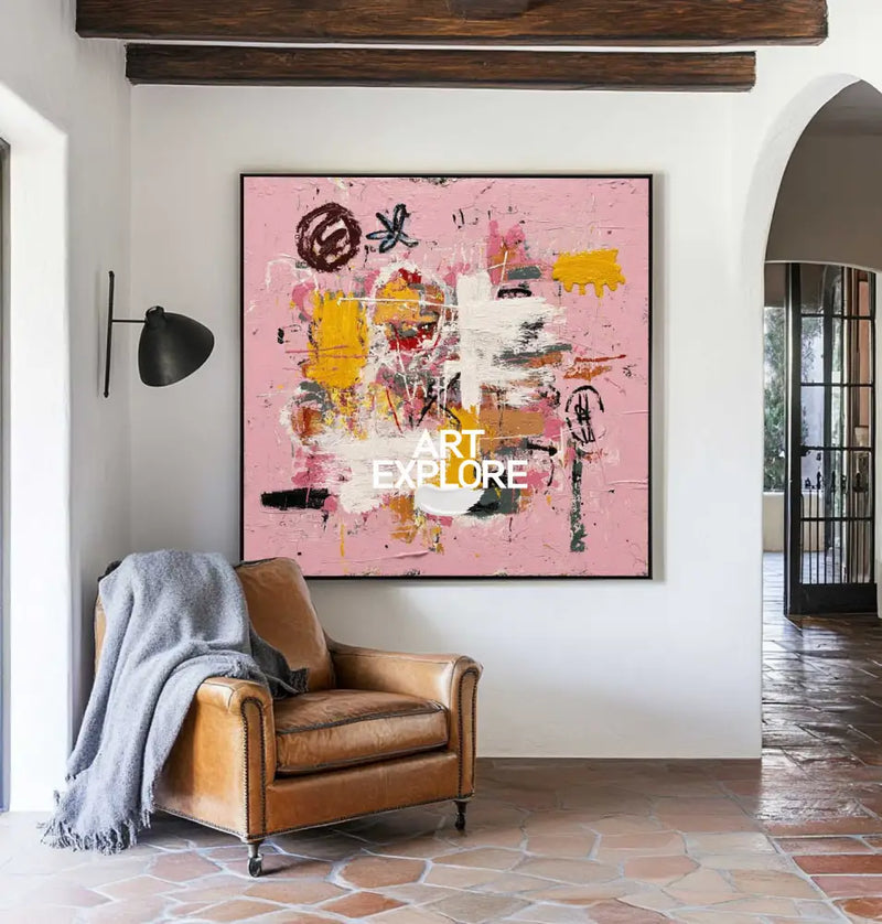 Large Pink Abstract Graffiti Wall Art, Thick Textured Pink Canvas Painting for Entry Way