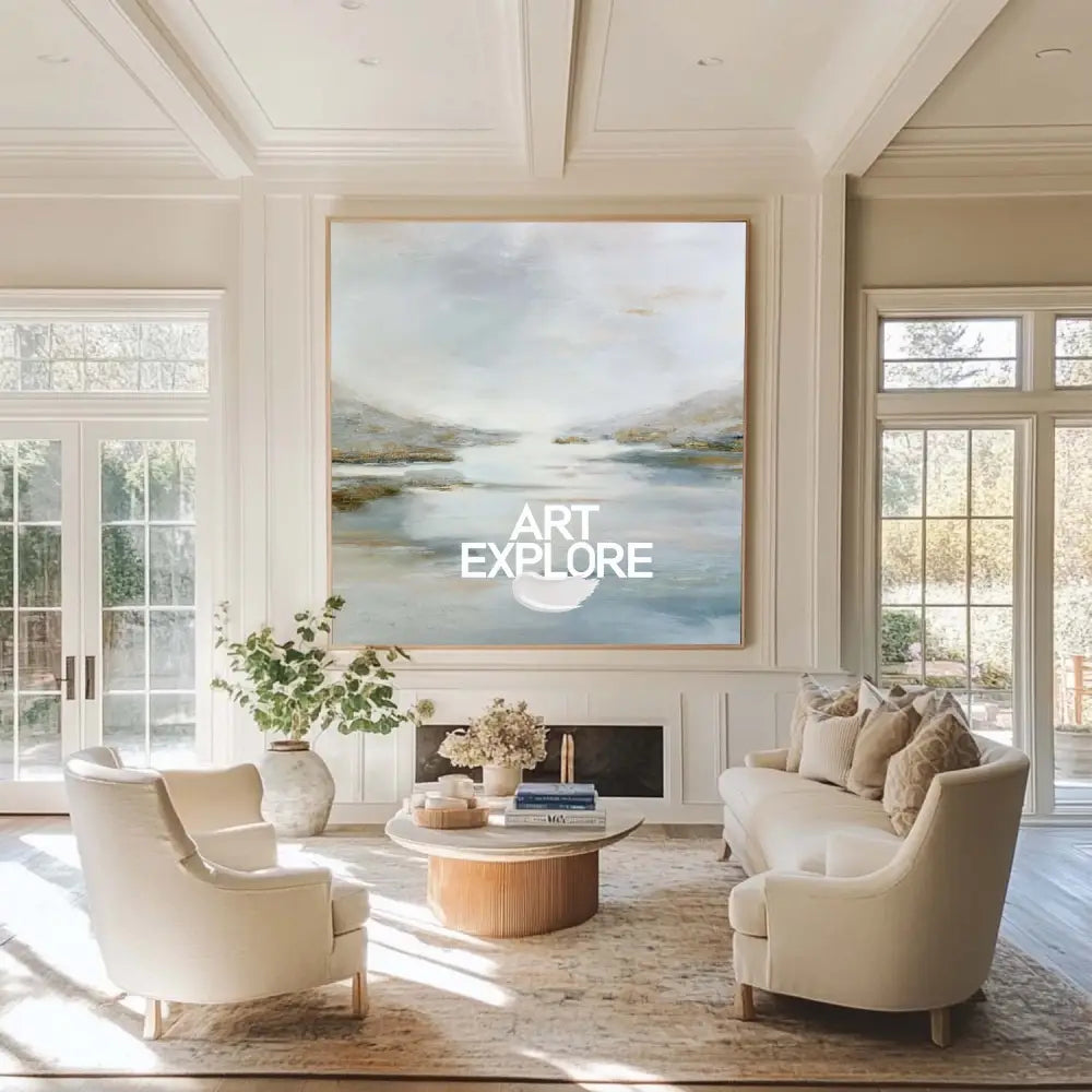 Soft Blue & Neutral Landscape Canvas – Large-Scale Modern Home