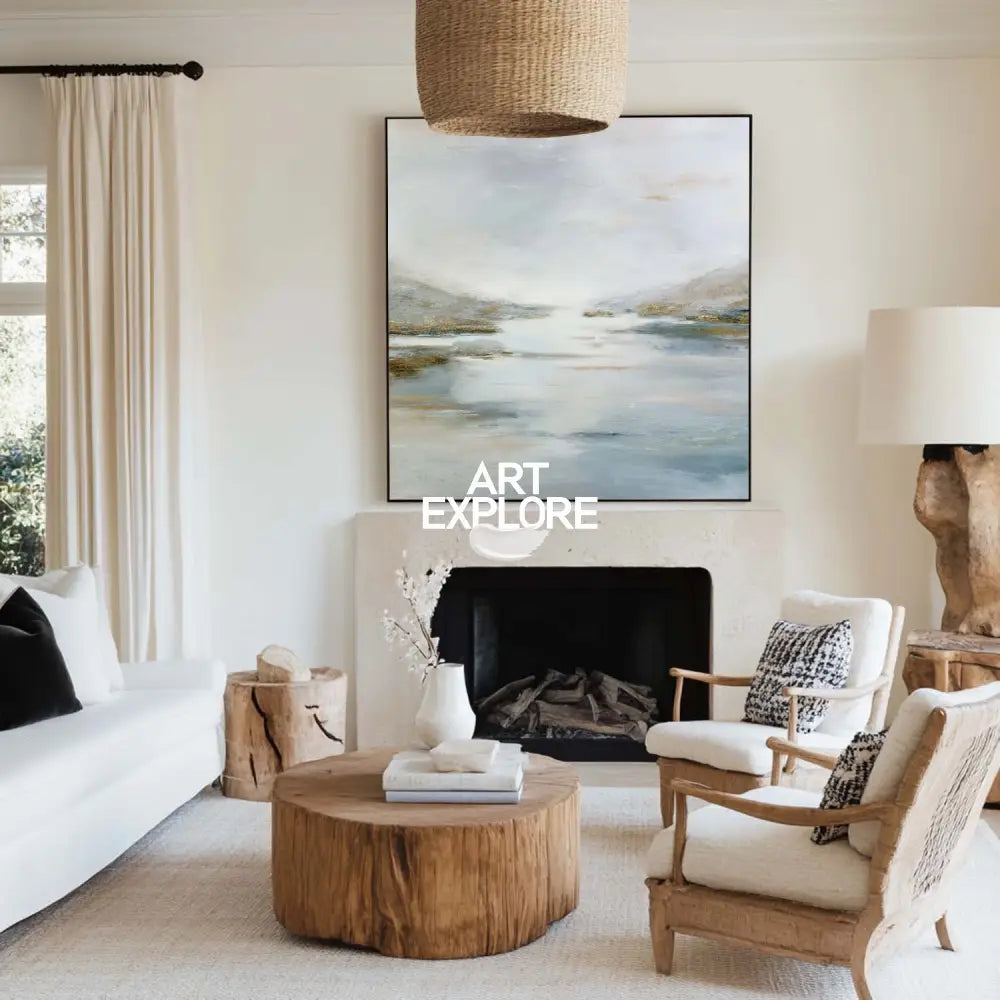 Soft Blue & Neutral Landscape Canvas – Large-Scale Modern Home
