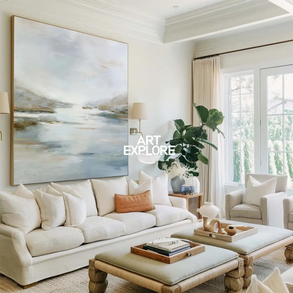 Soft Blue & Neutral Landscape Canvas – Large-Scale Modern Home Wall Art by ArtExplore