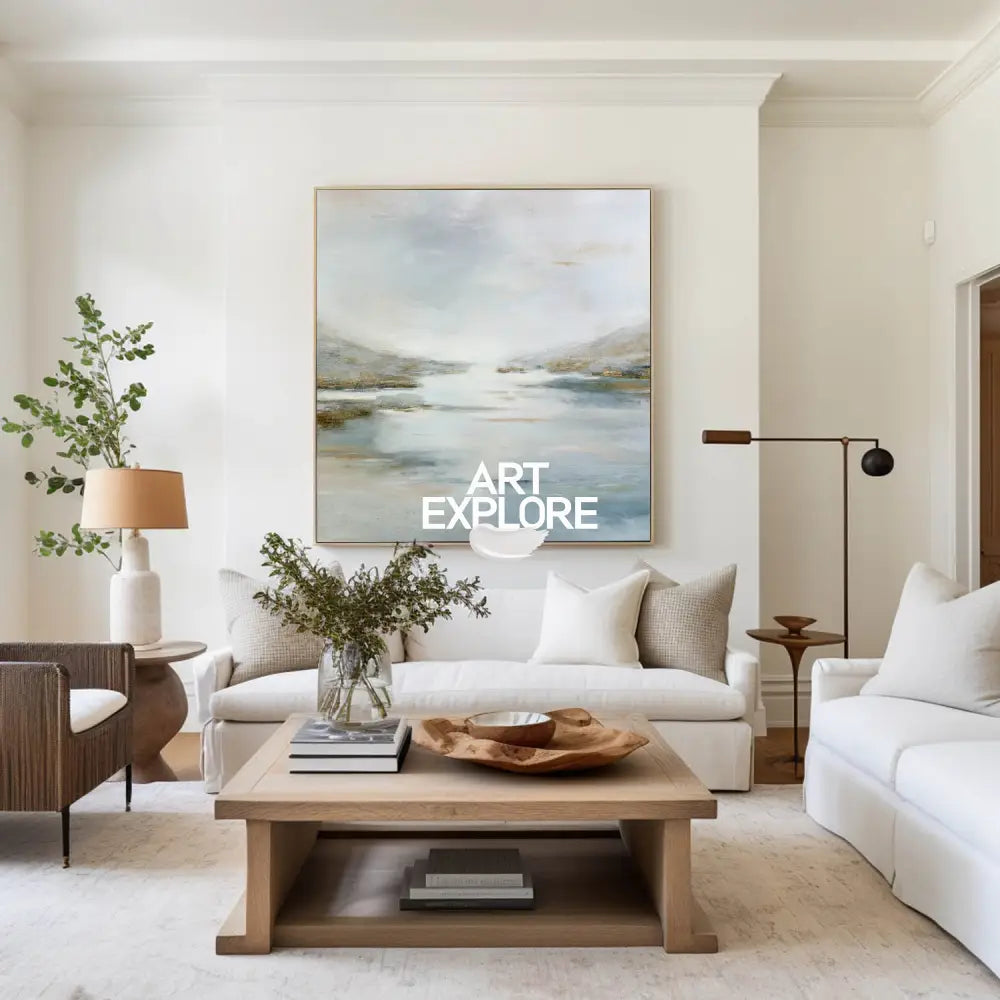 Soft Blue & Neutral Landscape Canvas – Large-Scale Modern Home