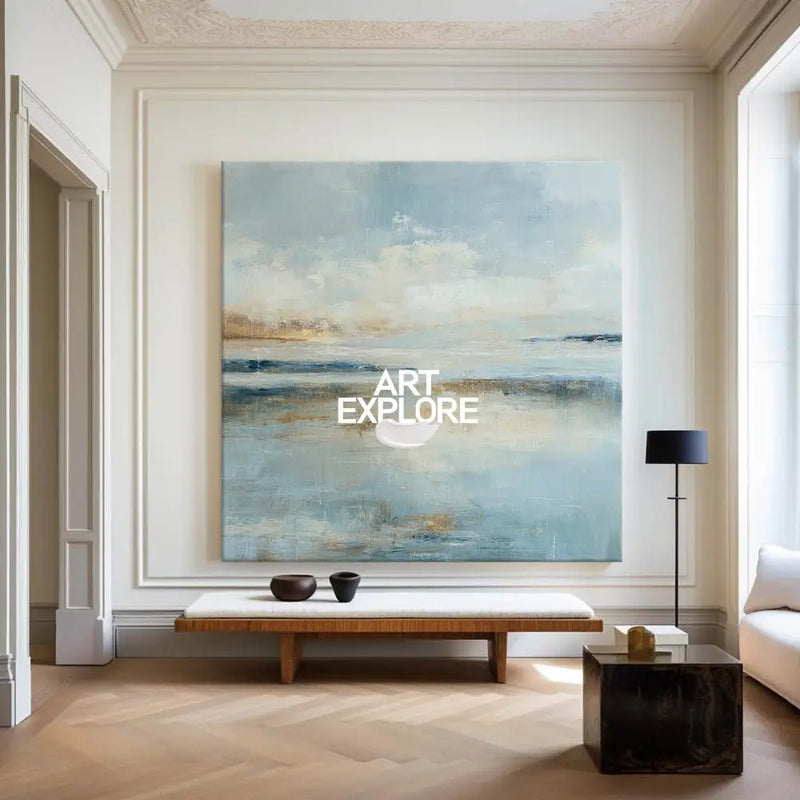 Modern Landscape Painting on Canvas – Blue & Beige Wall Art for Minimalist Home, Ideal for Hallways and Lounges