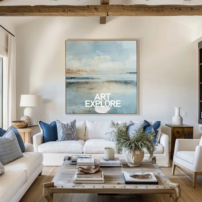 ArtExplore Large Handmade Modern Landscape Canvas – Elegant Sky & Sea Artwork for Luxe Home Interior Walls