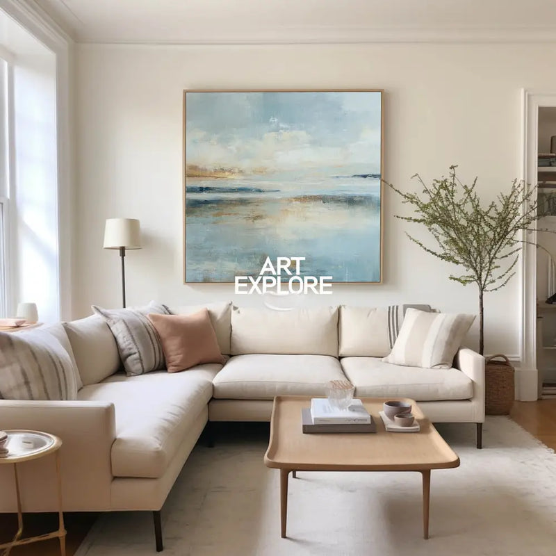 Textured Handmade Canvas Landscape by ArtExplore – Serene Blue Horizon Wall Art for Modern Living or Bedroom