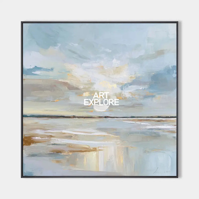 Handmade Minimalist Blue Landscape Oil Painting – Large Canvas Wall Art for Modern Interiors