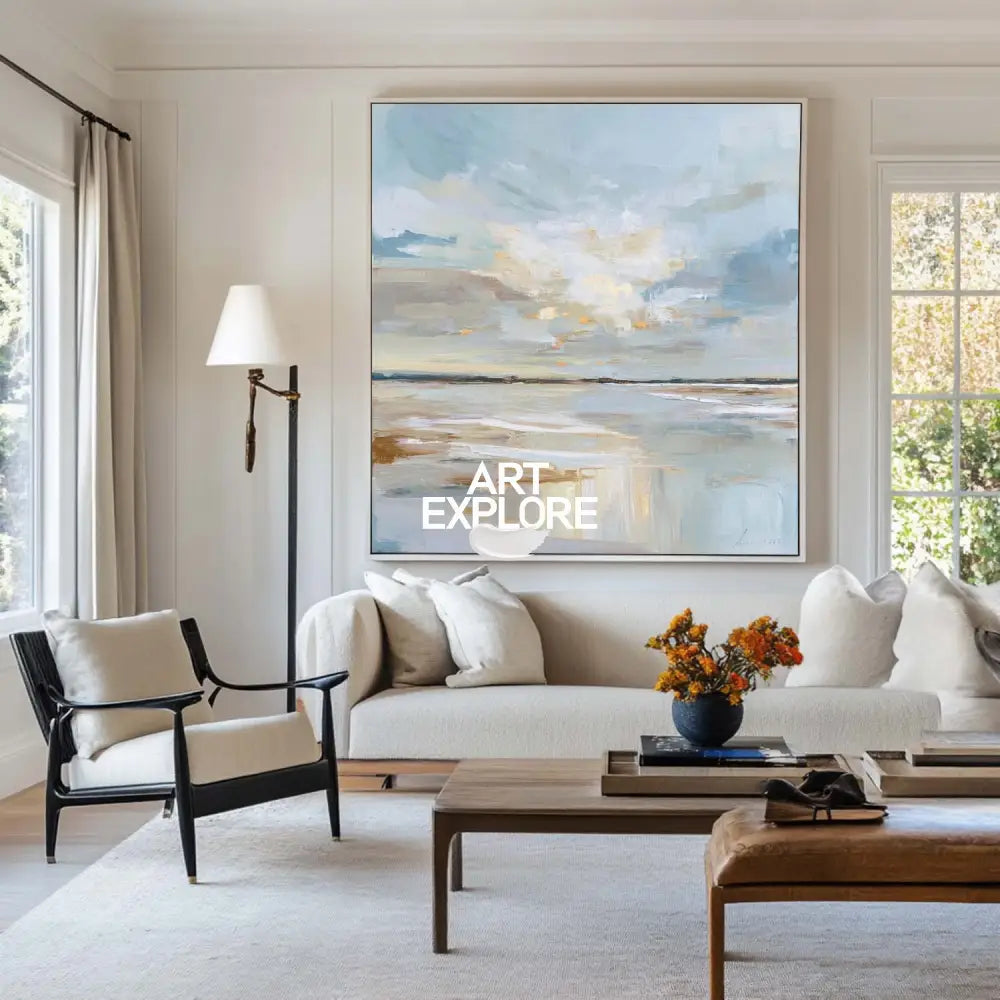 Soft Blue and Beige Abstract Seascape – Large Modern Oil Painting for Spacious Homes

