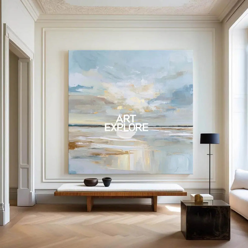 ArtExplore Modern Handmade Landscape Painting – Blue & Neutral Tones for Large Wall Decor