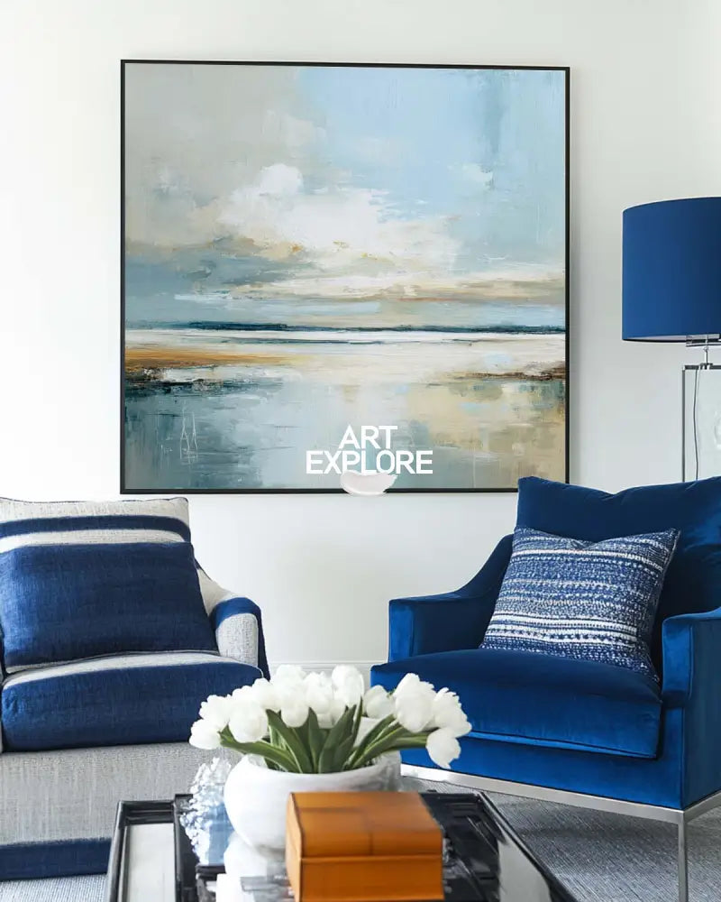 ArtExplore Modern Landscape Wall Art – Oversized Handmade Blue Seascape Canvas for Large Space Home Decoration