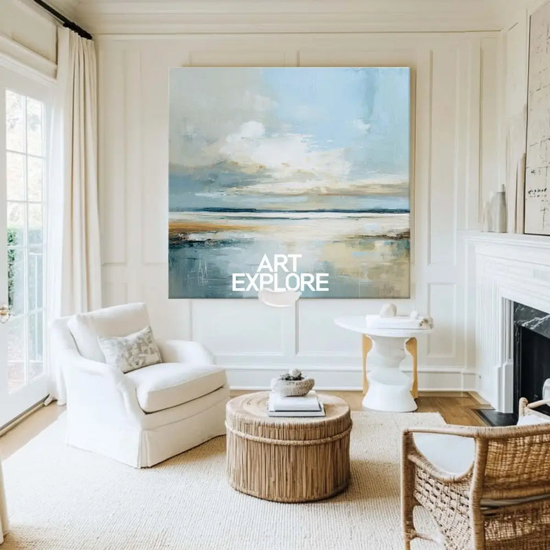 Serene Blue Horizon Handmade Painting – Large Modern Art for Dining Room, Hallway, or Bathroom Wall Decor