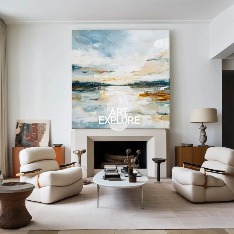 Handcrafted Blue Sky & Earth Tones Landscape – Large Minimal Wall Art for Modern Interior Decor