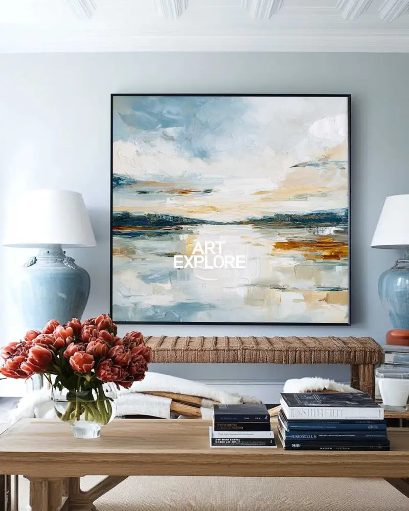 Modern Abstract Scenery Painting – Handmade Minimalist Wall Art for Living Room, Dining, Office, or Entryway