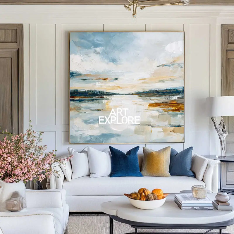 ArtExplore Handmade Large Canvas Art – Blue Beige Textured Landscape for Modern Home Wall Décor