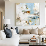 Modern Blue Landscape Wall Art – Large Handmade Minimalist Canvas for Living Room Decor