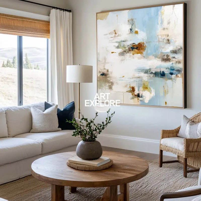 Oversized Blue Landscape Painting – Modern Minimalist Canvas Art for Large Wall Decor