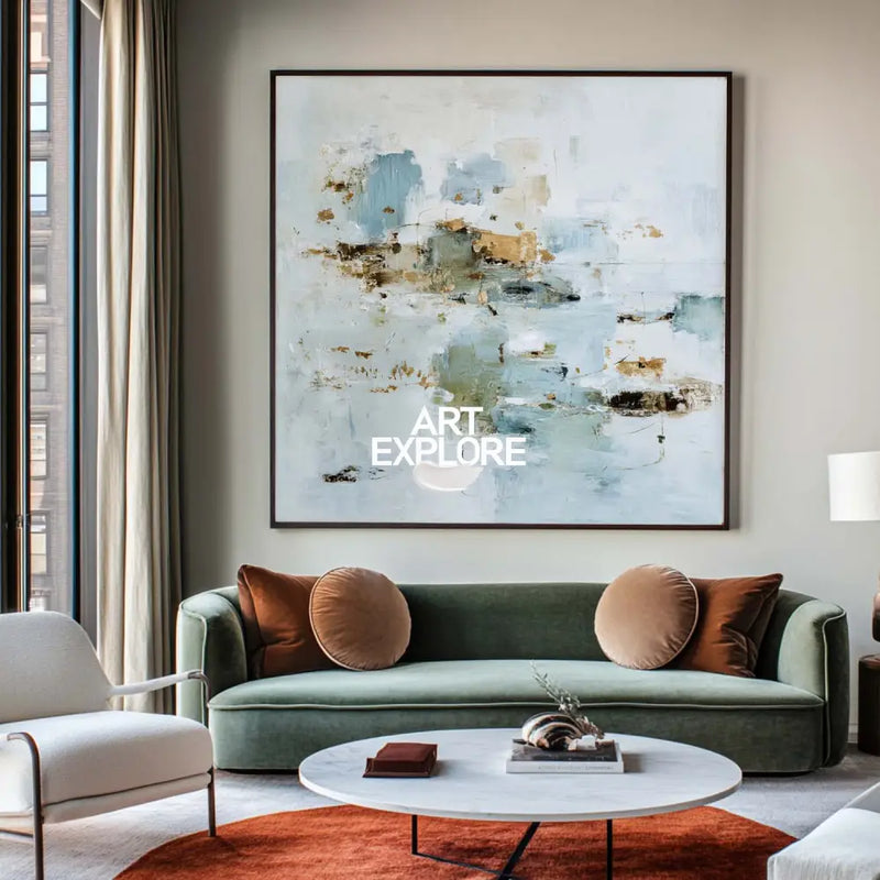 Minimalist Blue & Gold Wall Art – Handmade Canvas Painting for Modern Homes and Large Space Decoration