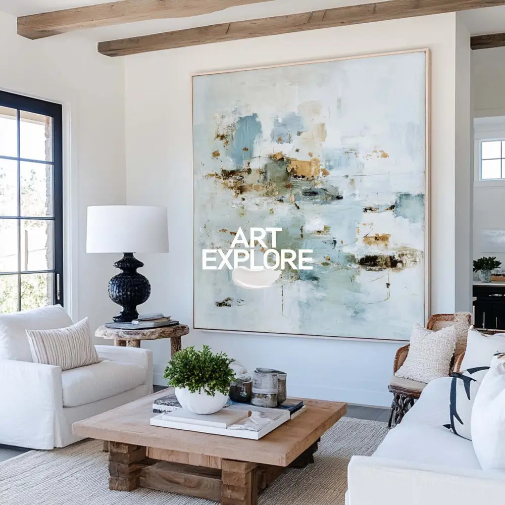 Hand-Painted Blue Abstract Texture Painting – Modern Minimalist Wall Art for Living Room, Office & Lounge