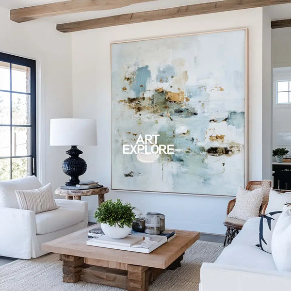 Hand-Painted Blue Abstract Texture Painting – Modern Minimalist Wall Art for Living Room, Office & Lounge