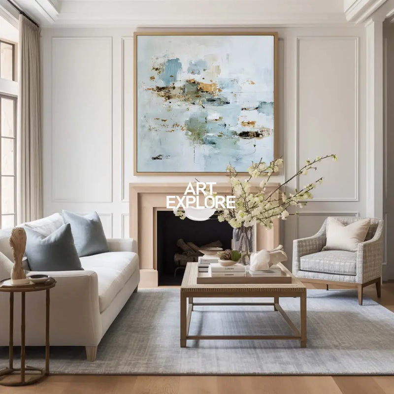 ArtExplore Large Blue Landscape Painting – Handcrafted Minimalist Abstract for Modern Living, Bedroom, or Hallway Walls