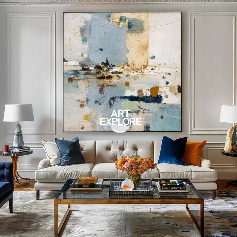 Contemporary Textured Blue Wall Art for Living Room – Minimal Handmade Painting by ArtExplore