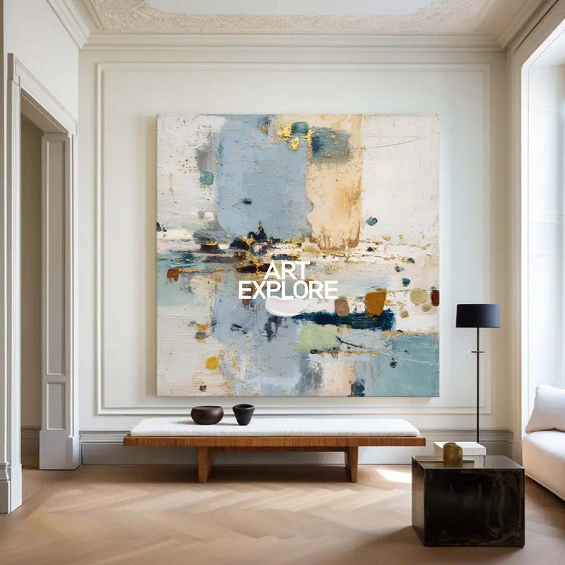 Oversized Abstract Blue Painting with Gold Accents – Perfect for Large Room Décor
