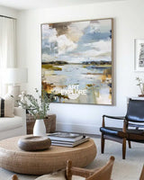 Blue Sky & Sea Wall Art – Handcrafted Large Modern Ocean Painting for Home & Office