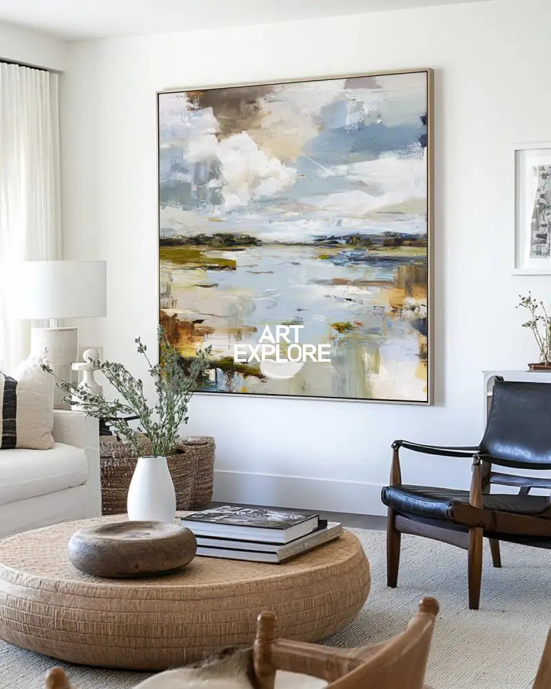 Blue Sky & Sea Wall Art – Handcrafted Large Modern Ocean Painting for Home & Office