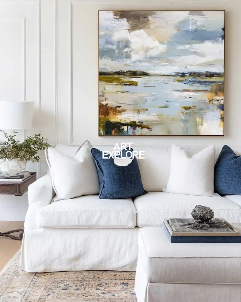 ArtExplore Modern Blue Coastal Landscape Oil Painting – Minimalist Wall Art for Living Room Decor