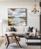 ArtExplore Large Blue Landscape Canvas – Minimalist Coastal Sunset Wall Art for Home Decor