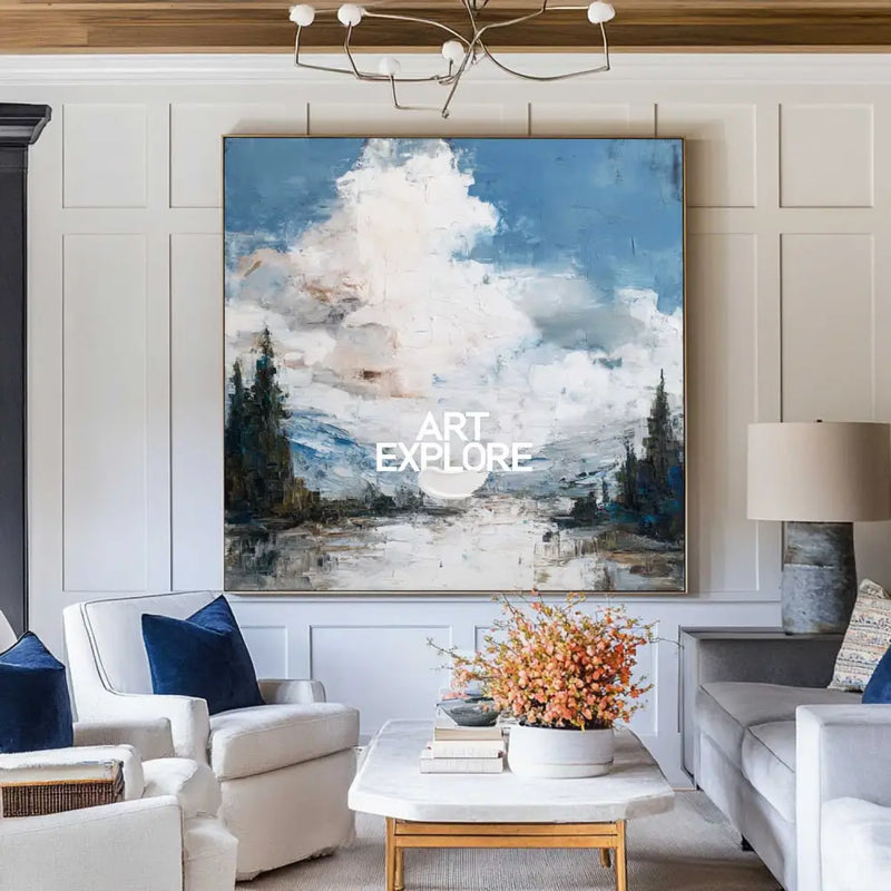 ArtExplore Large Minimalist Blue Ocean Landscape Art – Handmade Textured Coastal Sky Painting