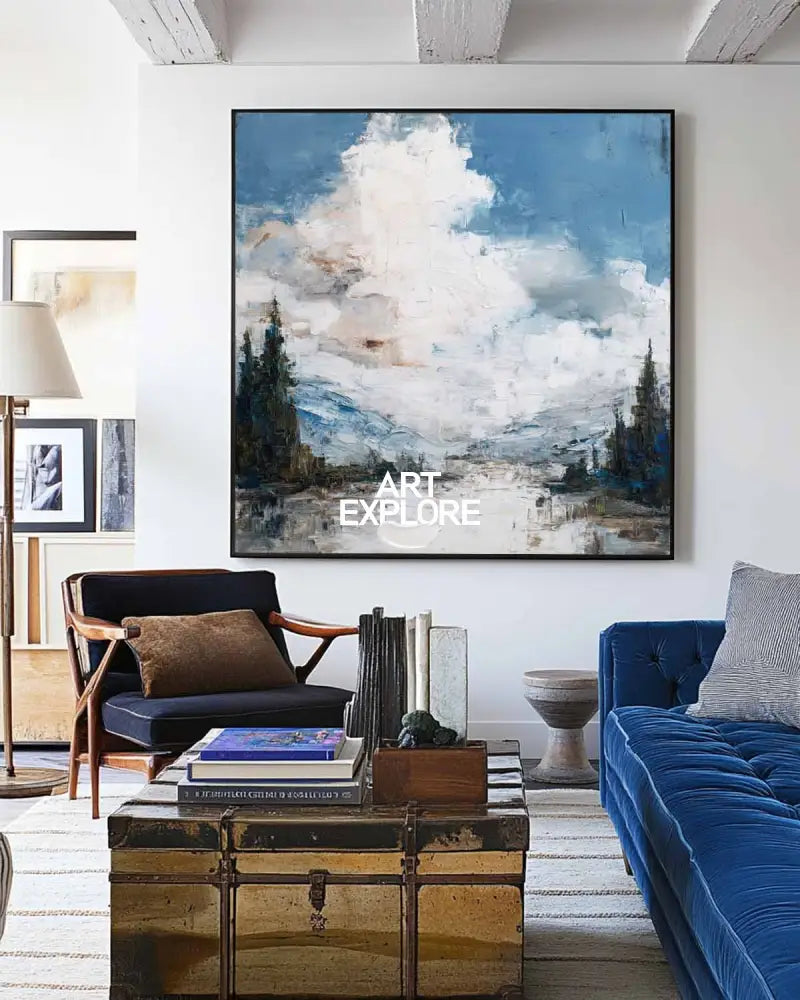 ArtExplore Oversized Blue Coastal Landscape – Minimalist Handmade Textured Canvas Art
