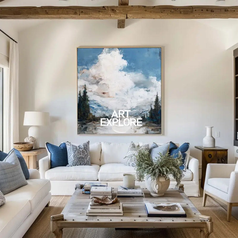 ArtExplore Modern Blue Sky Landscape Oil Art – Large Handmade Textured Coastal Wall Canvas