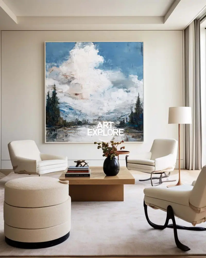 ArtExplore Minimalist Blue Tranquil Seascape Painting – Large Handmade Textured Art